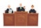 Supreme court tribune. Judges in session, judge holding hammer and justice cartoon vector illustration