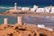 SUR, OMAN: View of Ayjah with watch towers in the foreground