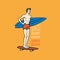 Surf badge, wave and ocean. vintage retro background. tropics and california. man on the surfboard, summer on the beach