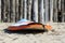 Surf board on the beach. The colourful surf board on wood background