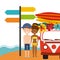 Surf board couple cartoon and truck icon. Summer design. Vector