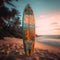 Surf board on a sandy paradise island with palms. Unusual travel illustration. Summer vacation concept. Summer water activities,