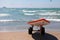 Surf board or surfboards at Lumahai beach in Kauai Hawaii on sandy shore by ocean