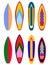 Surf boards designs. Vector surfboard coloring set. Realistic surfboard for extreme swimming, illustration set of surf