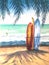 Surf boards on sandy beach. Sunny seascape. Paradise island with palms. Vacation concept. Bright Summer Hand drawn illustration