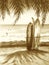 Surf boards on sandy beach. Sunny seascape. Paradise island with palms. Vacation concept. Monochrome Summer Hand drawn