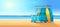 Surf bus on the sandy beach. Summer surfer vacation vector cartoon illustration