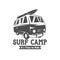 Surf camp logo design. Vintage black and white illustration of surf camp event.