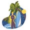 Surf camp vector male character with surfboard standing near palms and big wave. Flat cartoon man smiling design, good for surfing