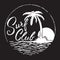 Surf Club inscription with palm tree,ocean and sun.