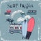 Surf festival poster with retro bus, surfboards and sea waves.