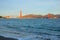 Surf in front of Golden Gate Bridge worldwide known symbol of California