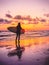 Surf girl with surfboard with warm sunset or sunrise colors