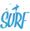 Surf lettering with palms and surfer