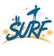 surf lettering with surfer on palm tree background