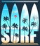 Surf Lettering Vector Illustration with Palm Trees at the Beach