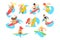 Surf people characters with surfboard riding waves set, cartoon vector Illustrations on a white background