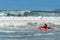 Surf rescue life savers boat and impressive waves at Wanda Beach, NSW, Australia