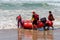 Surf rescue life savers training in progress. Surf rescue boat ready to go at Wanda Beach, NSW,