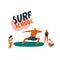 Surf school lesson with teacher teaching kids surfing illustration in vector. Education of children concept.