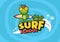 Surf school text with frog cartoon, wear, sports camp, trip, banner, surf station