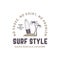 Surf style vintage label. Summer surfing style emblem with surfboard, tropical palms and typography elements. Use for t