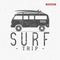 Surf trip concept Vector Summer surfing retro badge. Beach surfer emblem , rv outdoors banner, vintage background