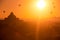 Surface blurry beautiful Hot air balloon flying over old pagoda in Bagan.