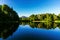 Surface of a lake with reflection of forest and Andes mountains in Patagonia.