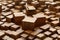 Surface square blocks brown wooden bars, Wood 3D shape backdrop foundation wall design. Generative simulated intelligence.