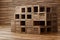 Surface square blocks brown wooden bars, Wood 3D shape backdrop foundation wall design. Generative simulated intelligence.