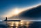 Surfaced submarine in icy artic water in last sunlight with looming storm, created with Generative AI technology