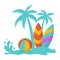 Surfboard, beach ball and coconut trees