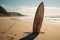 A surfboard graces an empty, tranquil stretch of wild beach