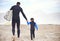 Surfboard, man and child on beach, walking and holding hands on outdoor bonding adventure. Nature, father and son on