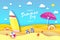 Surfboard. Pink parasol - umbrella in paper cut style. Origami sea and beach with lifebuoy. Sport ball game. Flipflops