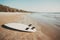 Surfboard on sand tropical beach with seascape calm sea and sky