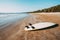 Surfboard on sand tropical beach with seascape calm sea and sky