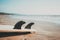 Surfboard on sand tropical beach with seascape calm sea and sky