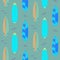 Surfboard seamless vector pattern. Blue and cyan striped boards on white.