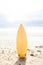 Surfboard standing upright in sand