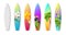 Surfboard tropical backgrounds vector template with 3d render illustrations of palm tree, tucan and parrot and flowers