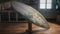 a surfboard on a wooden stand in the room