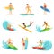 Surfboarders riding on waves set, surfer men with surfboards in different poses vector Illustrations