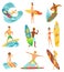 Surfboarders riding on waves set, surfer men with surfboards in different poses vector Illustrations.