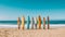 Surfboards on the beach. Beautiful boards standing on a sandy shore on a bright summer day. Surfing and surfboards rental concept