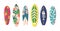 Surfboards Collection of Vintage Colors and Styles. Surfdesks Pattern of Palm Leaves, Flowers, Fish Bones and Pineapples