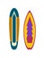 Surfboards. Colorful surfing equipment with trendy botanical tropical patterns and lettering