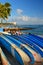 Surfboards are laid out, ready at Waikiki beach, Hawaii