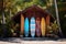 surfboards leaning against a tropical beach hut